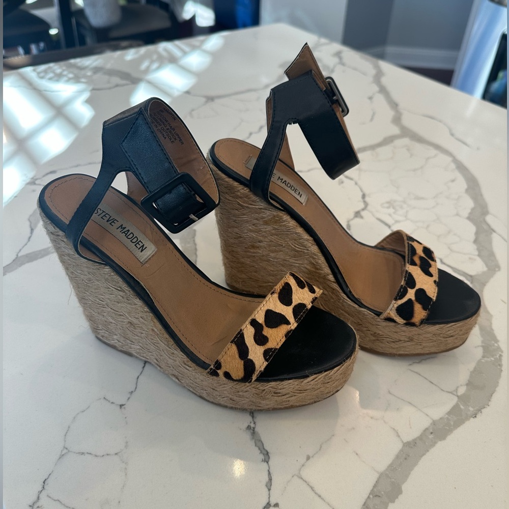 Steve Madden Black and Tan Animal Print Wedges